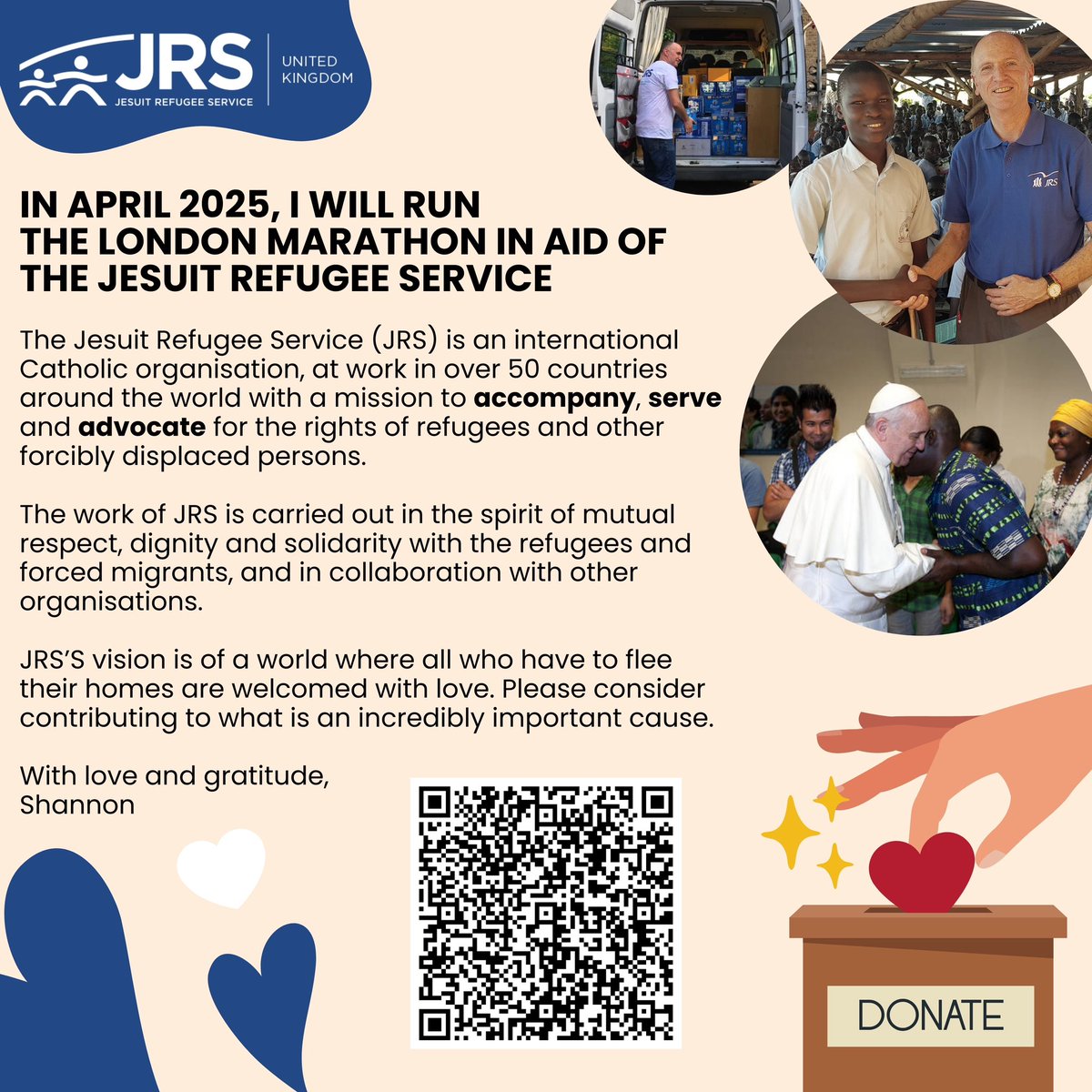 In April, I will run the London Marathon in aid of the Jesuit Refugee Service; a charity that does incredibly important work for some of the most vulnerable in our world. I hope you can consider donating. Thank you. 🤍🏃🏻‍♀️ 

justgiving.com/page/shannon-c…