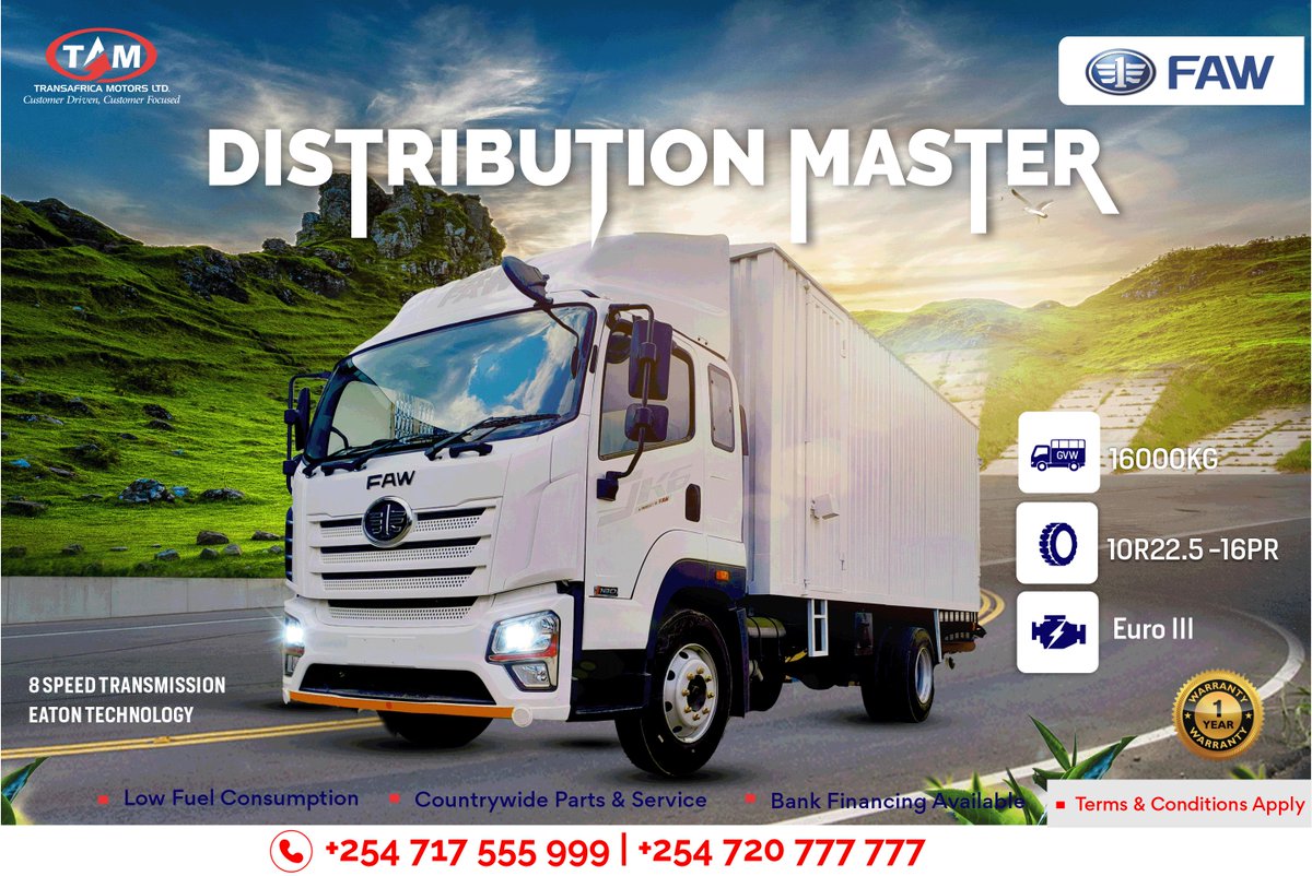 TAM_KENYA's tweet photo. The Distribution Master | FAW JK6...
A truck built with your business in mind. With its durability and efficiency, it’s the ideal solution for transport businesses.
#FAW #FAWkenya #FawTrucks #distributiontrucks #FAWkenya #transafricamotorsltd #JK6 #truckfinancing #lighttruck https://t.co/ysnRgV6J1O