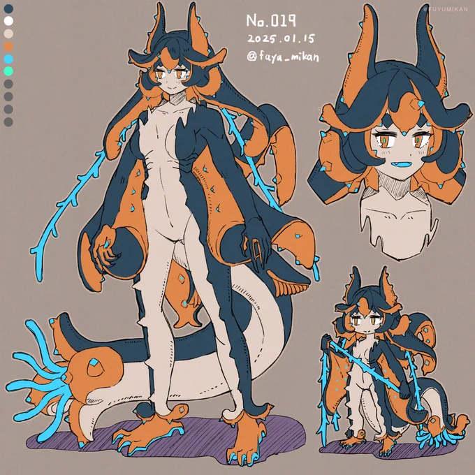 character idea sketch【No.019-深海にいる猛毒持ち亜人娘】海で鮮やかな青色がある生物を触るのは凄く抵抗がある。#100枚キャラ描いたらキャラデザの仕事が来る#OC #doodle 