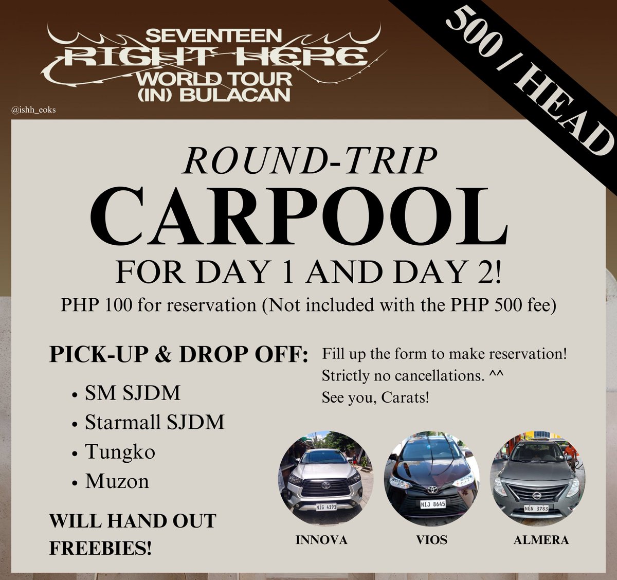 ishh_eoks's tweet photo. Hello! We are offering a carpool po around San Jose del Monte! Baka po may interested. ☺️🤍

Slots:
Day 1: 2 SLOTS LEFT ✨
Day 2: ALL SLOTS TAKEN ✨

Pick Up Locations:
- SM Tungko (SJDM)
- Starmall SJDM
- Tungko
- Muzon

We also did a carpool last Follow Tour ^^ https://t.co/1jMX2H8qLW