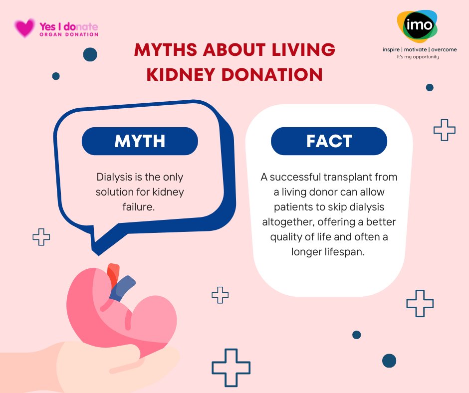 💬#LivingKidneyDonation Myth Buster! 
🚨 Myth: "Dialysis is the only option for kidney failure."
💡 Truth: A transplant from a living donor can skip dialysis, giving patients a longer, healthier life.
<a href="/NHSBT/">NHS Blood+Transplant</a> <a href="/kidneycareuk/">Kidney Care UK @kidneycareuk.bsky.social</a> <a href="/Kidney_Research/">Kidney Research UK</a> <a href="/Giveakidney/">Give a Kidney</a>