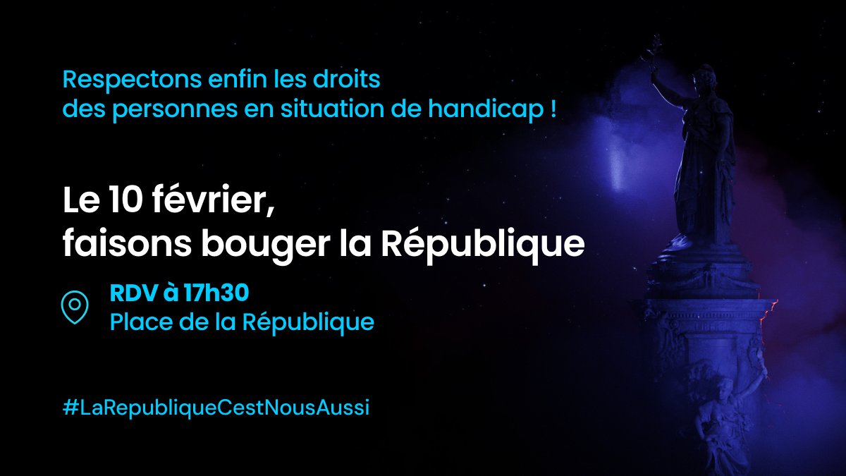 🚨Ensemble, mobilisons-nous pour une société inclusive !

Disons STOP à l’injustice qui prive encore des millions de personnes de leurs droits fondamentaux !

📌10/02 à 17h30 Place de la République – Paris

#LaRepubliqueCestNousAussi
