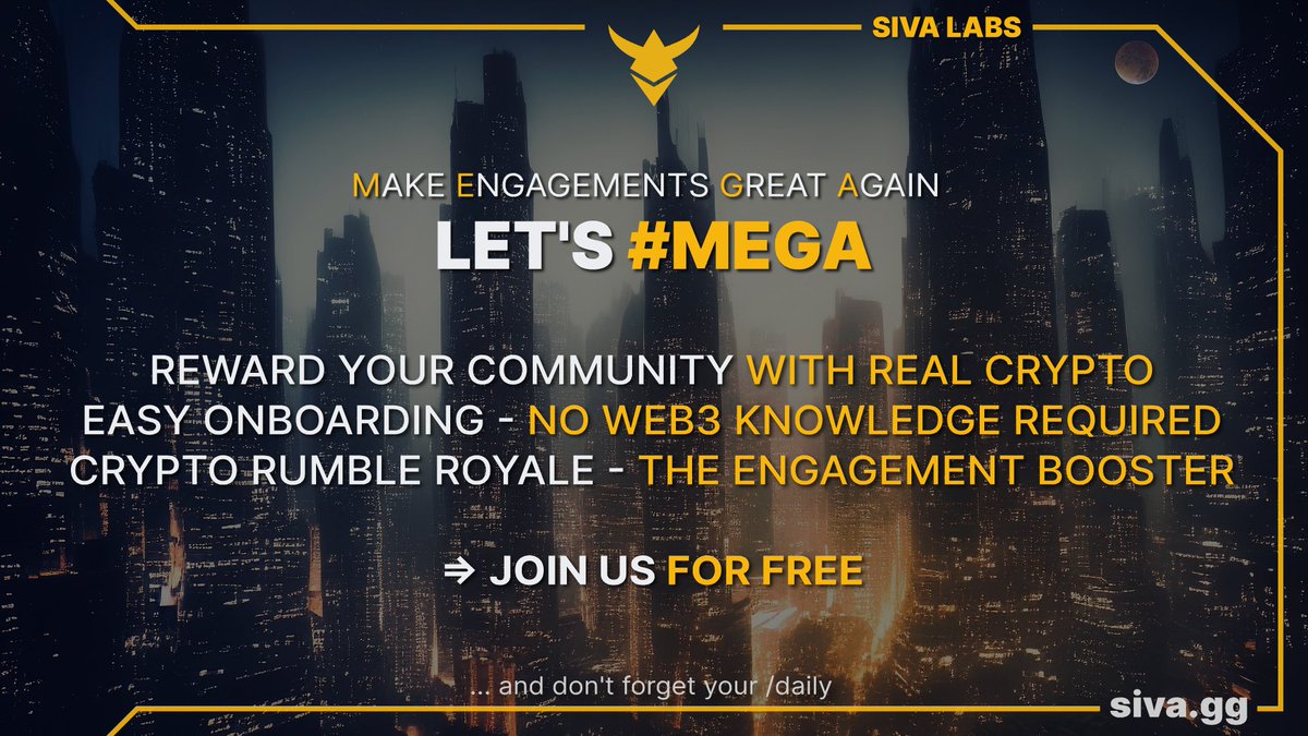 LET'S #MEGA: MAKE ENGAGEMENTS GREAT AGAIN!

Reward your community with real crypto, enjoy easy onboarding with no Web3 knowledge needed, and experience Crypto Rumble Royale - the ultimate engagement booster.

🚀 Ready to level up? Join us for FREE!