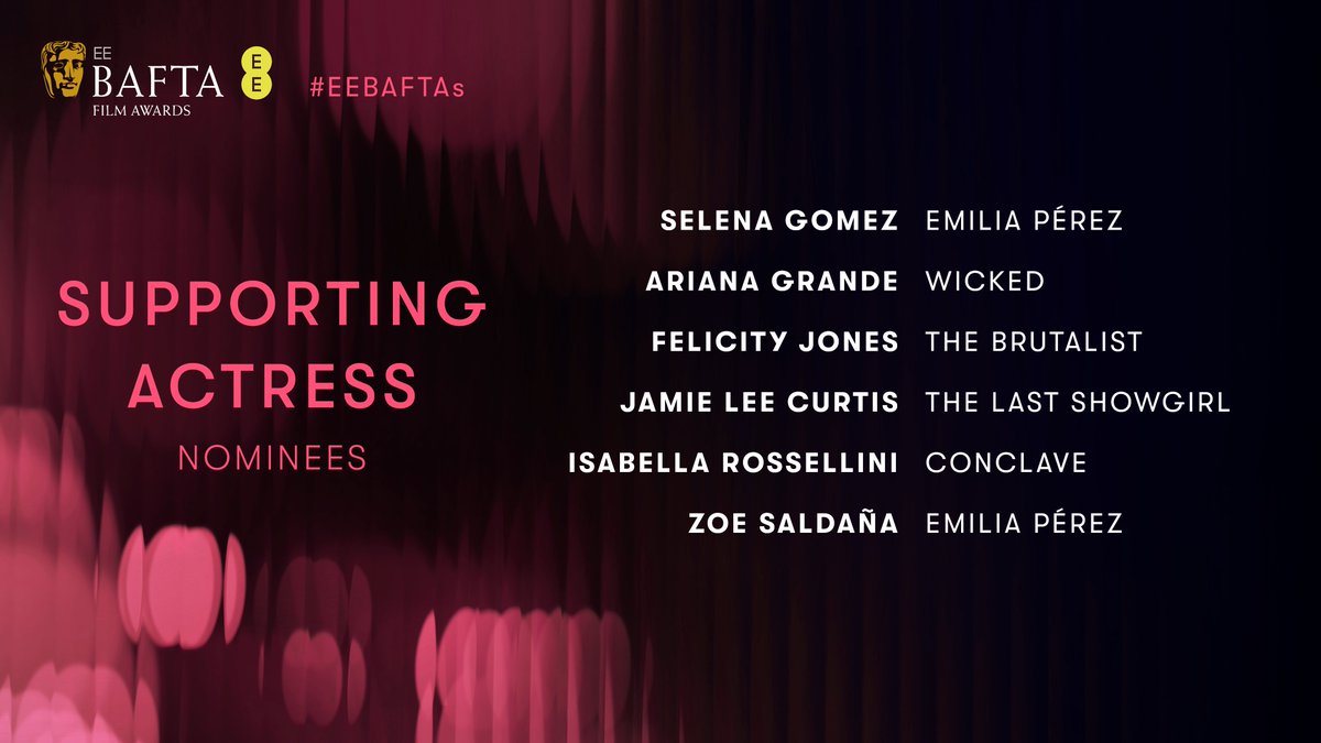 The nominees for Supporting Actress are…

SELENA GOMEZ, Emilia Pérez
ARIANA GRANDE, Wicked
FELICITY JONES, The Brutalist
JAMIE LEE CURTIS, The Last Showgirl
ISABELLA ROSSELLINI, Conclave
ZOE SALDAÑA, Emilia Pérez

#EEBAFTAs