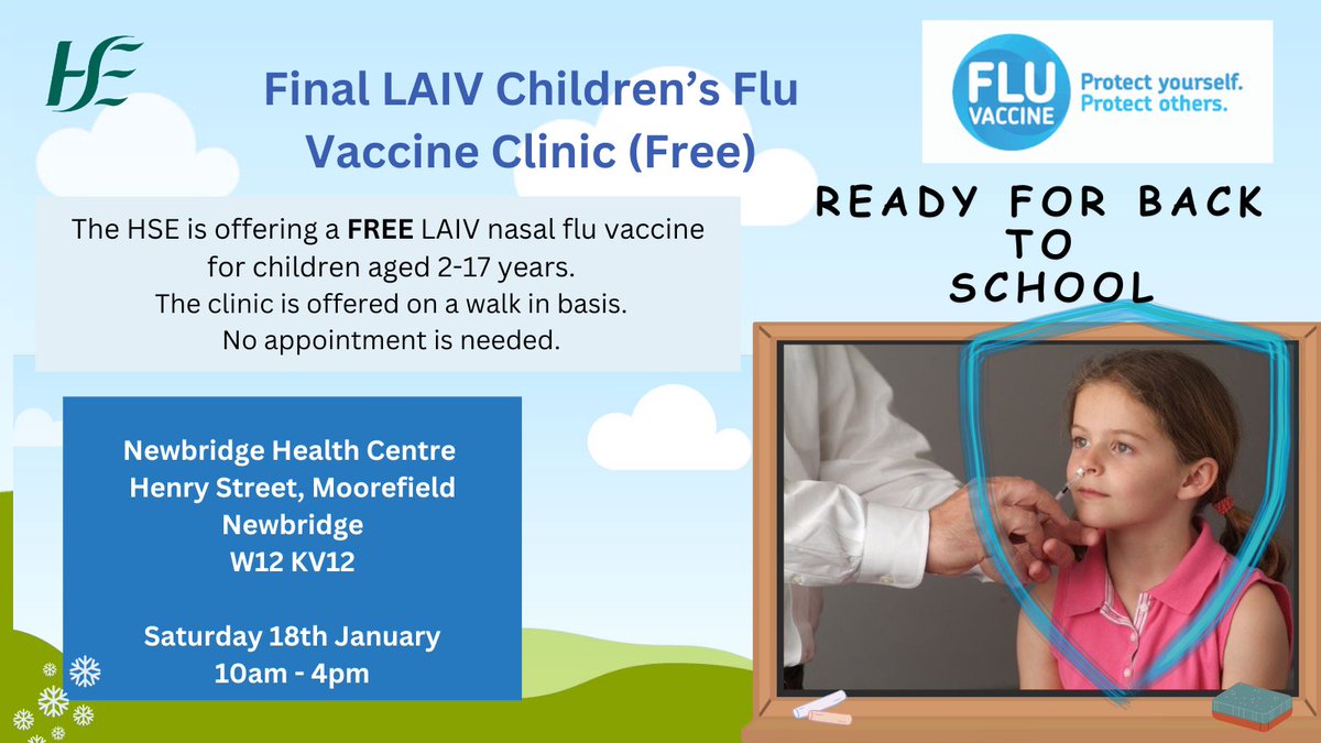 The HSE is offering FREE nasal flu vaccines for children aged 2-17 years.
📍 Newbridge Health Centre, Henry Street, Moorefield, Newbridge, W12 KV12
Saturday, 18th January
10am - 4pm
Walk-ins welcome, no appointment needed #FluVaccine #StayProtected
<a href="/kfmradio/">Kfm Radio</a>