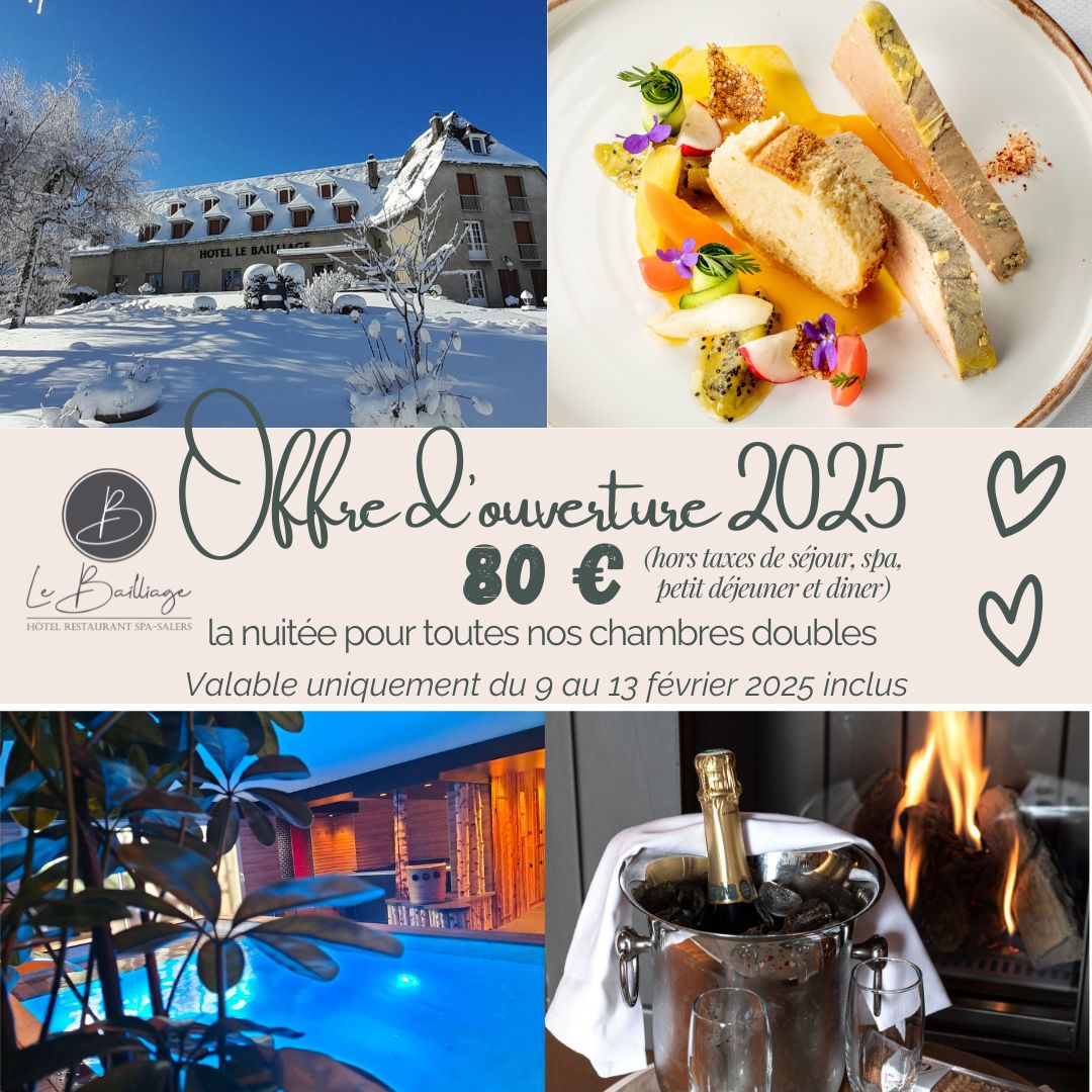 Offre d'ouverture - Saison 2025

Toutes nos chambres doubles sont à 80 € la nuitée du 9 au 13 février 2025 !

Réservation possible sur notre site internet www.salers-hotel-bailliage.comou directement auprès de la réception