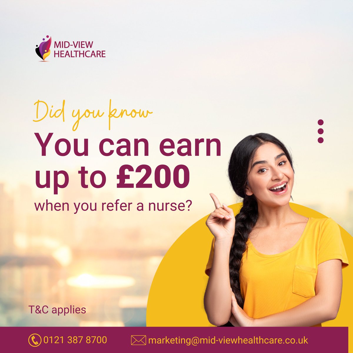 midviewcare's tweet photo. At Mid-View Healthcare, we value your network! Refer a nurse to join our tea and earn up to Β£200 as a referral bonus. Not only will you help someone find a fulfilling career, but you'll also be rewarded for your support.
T&Cs apply.
#ReferralProgram #Healthcare #MidView https://t.co/57vS4EDFbK