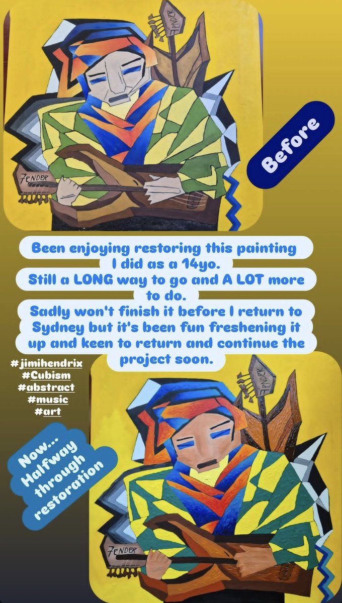 Half way through my art restoration of my childhood painting
#jimihendrix #art #music #Cubism #abstract