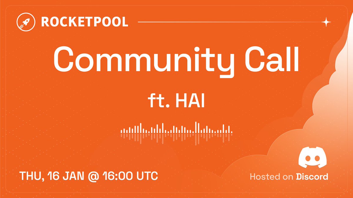 Rocket_Pool's tweet photo. Our next Community Call is on Thu 16 Jan at 4pm UTC 

We'll be joined by @letsgethai in the Rocket Pool Discord to chat about DeFi strategies for $rETH 

Download the @poapxyz Home App &amp; you can grab a free commemorative POAP!

Join the call at: https://t.co/cqGhAkGg4y https://t.co/i7ZB0d8BJY