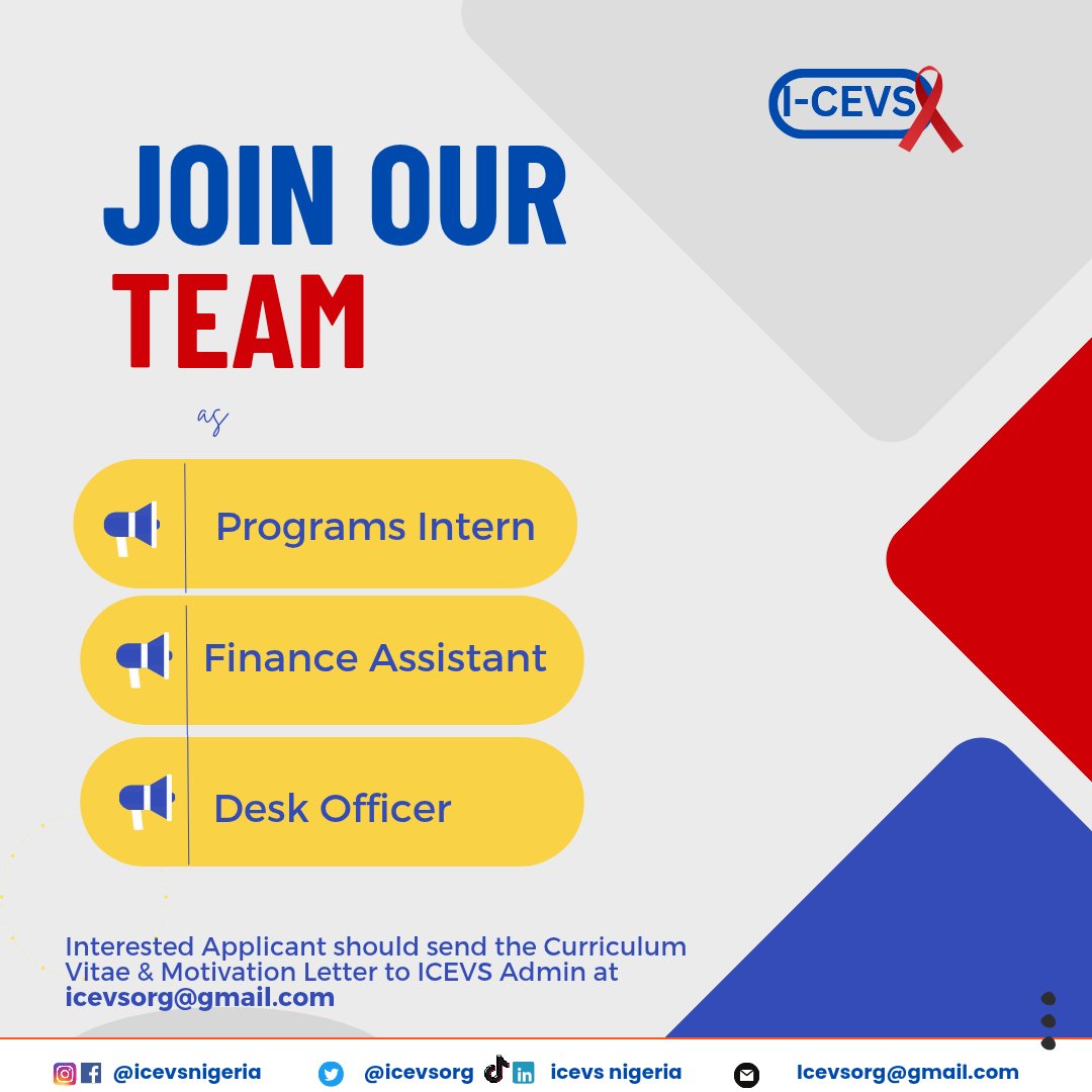 Icevsorg's tweet photo. Are you a Change Maker? Are you driven to create meaningful and positively impact society? 

We want you at ICEVS as:
✅Programs Intern
✅Finance Assistant
✅Desk Officer

📩 Interested applicants should send their Curriculum Vitae and Motivational Letter to ICEVS https://t.co/IOqLAhHvTl