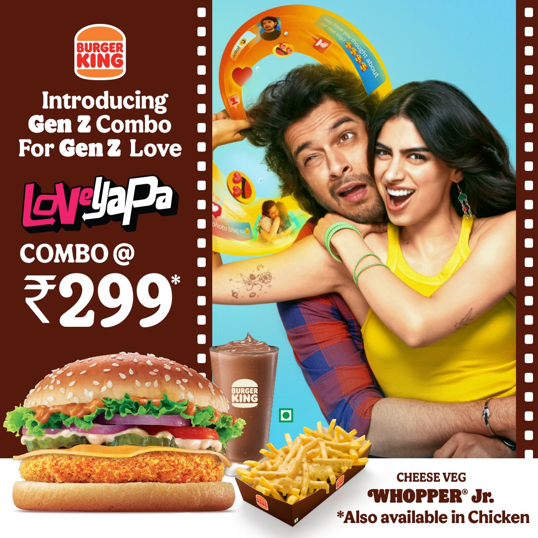 burgerkingindia's tweet image. Let the sparks fly and the cravings hit different! 😍

Introducing BK's all-new Genz Z combo loaded your BK favs 👉 🍔🍟🥤

Grab your Loveyapa Combo today at a BK Store near you.

#BurgerKingIndia #Loveyapa #GenZLove #LoveyapaCombo