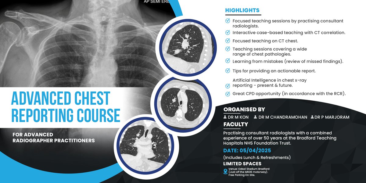 Introducing out first CPD event.  Limited Spaces Available.  Secure your place by clicking the link below:
 eventbrite.co.uk/e/advanced-che…

#ChestReporting #RadiographyTraining #AdvancedRadiology #RadiologistEducation #MedicalImaging #RadiologyCourses #Reportingradiographer #Radiography