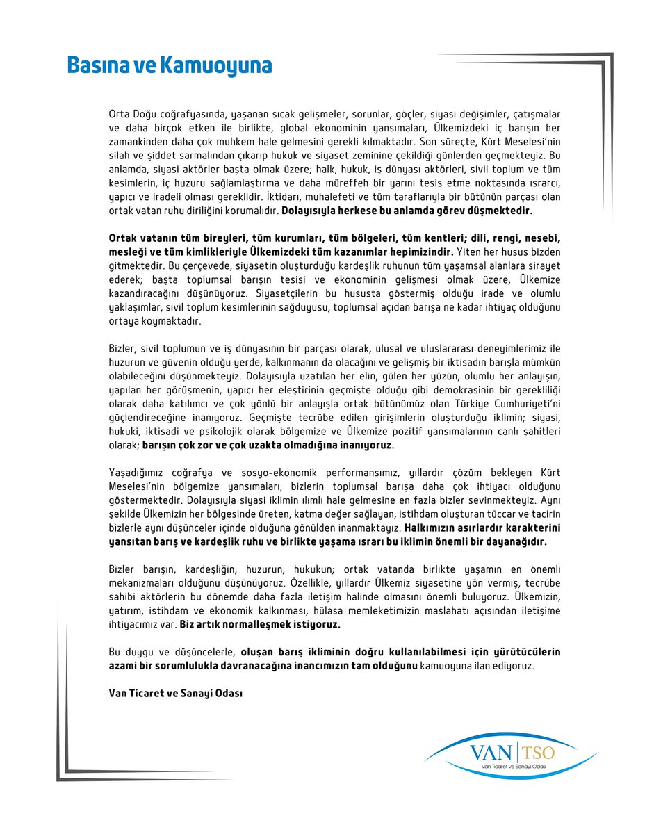 Van Ticaret ve Sanayi Odası (@vantsokurumsal) on Twitter photo Basına ve Kamuoyuna
"Ülkemizin, yatırım, istihdam ve ekonomik kalkınması, hülasa memleketimizin maslahatı açısından iletişime ihtiyacımız var. Biz artık normalleşmek istiyoruz."
<a href="/NecdetTakva/">Necdet Takva</a> <a href="/fevzi_celiktas/">Fevzi ÇELİKTAŞ</a> <a href="/Mehmetdegerr/">Mehmet Deger</a> <a href="/BalandiSerdar/">Serdar BALANDİ</a> <a href="/Omeryilmaz__/">Ömer YILMAZ</a> <a href="/burak_gultepe/">Burak GÜLTEPE</a> <a href="/fahriborakk/">Fahri Borak</a> Basına ve Kamuoyuna
"Ülkemizin, yatırım, istihdam ve ekonomik kalkınması, hülasa memleketimizin maslahatı açısından iletişime ihtiyacımız var. Biz artık normalleşmek istiyoruz."
<a href="/NecdetTakva/">Necdet Takva</a> <a href="/fevzi_celiktas/">Fevzi ÇELİKTAŞ</a> <a href="/Mehmetdegerr/">Mehmet Deger</a> <a href="/BalandiSerdar/">Serdar BALANDİ</a> <a href="/Omeryilmaz__/">Ömer YILMAZ</a> <a href="/burak_gultepe/">Burak GÜLTEPE</a> <a href="/fahriborakk/">Fahri Borak</a>
