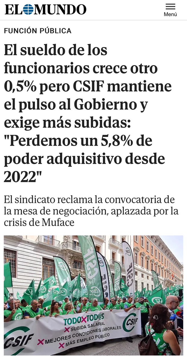 JupolNacional's tweet photo. #ÚltimaHora: 

“El sueldo de los funcionarios crece otro 0,5%”, vía @elmundoes

“El sueldo de tres millones de trabajadores públicos crecerá otro 0,5% con carácter retroactivo desde 2024”, vía @el_pais

“este incremento es aplicable a las retribuciones vigentes a 31 de diciembre de 2023”

“implica un alza retroactiva aplicable a todo 2024”

“El incremento no se aplicará hasta que lo apruebe el Consejo de Ministros”

*️⃣CSIF mantiene el pulso al Gobierno y exige más subidas: "Perdemos un 5,8% de poder adquisitivo desde 2022". Con este incremento, la subida salarial total para 2024 se situará en el 2,5%, tres décimas por debajo del IPC anual, por lo que los empleados públicos, al contrario que el sector privado, donde los sueldos están subiendo a un ritmo del 3%, pierden poder adquisitivo.

#JUPOLContigo

🌐Noticia EL MUNDO: https://t.co/hZdwkrFZm6

🌐Noticia EL PAÍS: https://t.co/L4t7YxHXMO