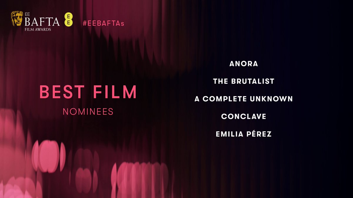 BAFTA's tweet image. And the nominees for Best Film are…

ANORA
THE BRUTALIST
A COMPLETE UNKNOWN
CONCLAVE
EMILIA PÉREZ

#EEBAFTAs