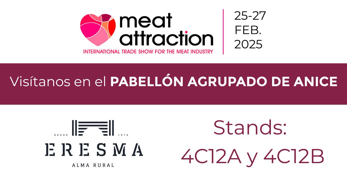 Eresma llevará su Alma Rural a <a href="/MeatAttraction/">Meat Attraction</a> 🌾

Un año más, estaremos presentes en #MeatAttraction compartiendo la esencia de nuestra tierra y el amor por lo auténtico. Te esperamos del 25 al 27 de febrero, 
en los stands📍 4C12A y 4C12B