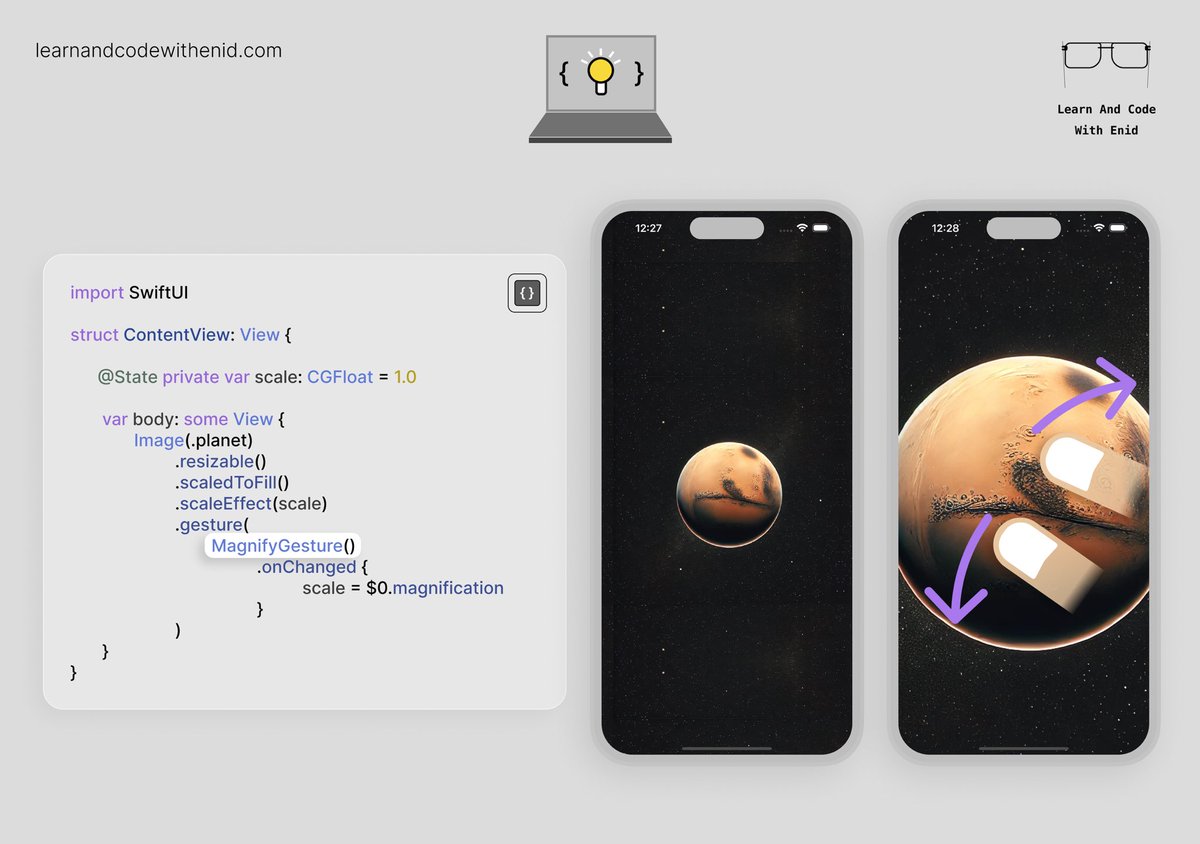 SwiftUI Tip💡

Easily implement pinch-to-zoom using MagnifyGesture.

→ learnandcodewithenid.com