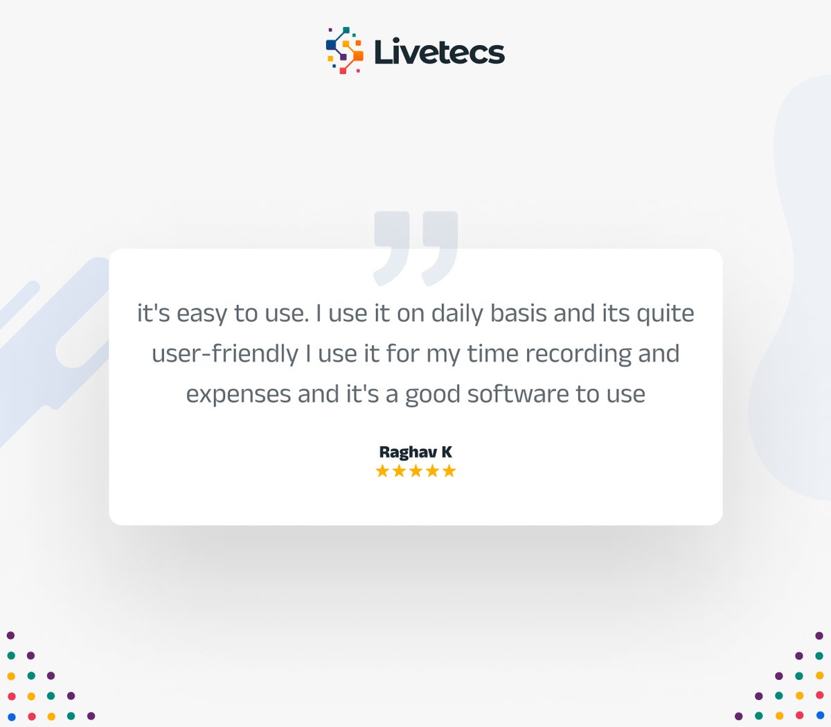 livetecs's tweet image. 🌟Real Feedback from Real Users 🌟
it&apos;s easy to use. I use it on daily basis and it&apos;s quite user-friendly. 
Thank you, Raghav

Start your journey with us today: tinyurl.com/4tym7f5p

#ClientLove #Livetecs #TimeTrackingSoftware #ExpenseTracking #HappyClient #UserReview