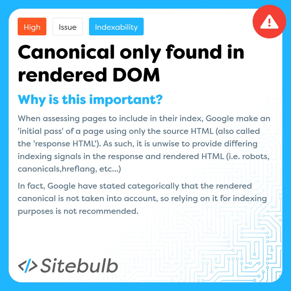 sitebulb's tweet photo. #Google doesn't recommendย using #JavaScript for handling canonicals. The best solution is to ๐๐ง๐ฌ๐ฎ๐ซ๐ ๐ญ๐ก๐๐ญ ๐ญ๐ก๐ ๐๐๐ง๐จ๐ง๐ข๐๐๐ฅ ๐ข๐ฌ ๐ฉ๐ซ๐๐ฌ๐๐ง๐ญ ๐ข๐ง ๐ญ๐ก๐ ๐๐๐๐ ๐ฌ๐จ๐ฎ๐ซ๐๐, and is not changed during rendering.
#seo #seotips #seohints https://t.co/CPR7m0dKaX https://t.co/O4s3G6LRzp