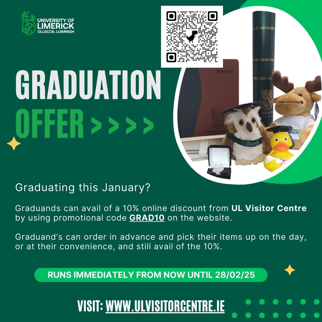 Check out @ULvisitorcentre for an exclusive 10% online discount on some amazing graduation gifts! 🎓

•

Graduands can also avail of a 10% discount over the 3 days of Conferrings at the pop-up shop (located in EGO-10) and Visitor Centre‼️

#ulgraduation #studyatul