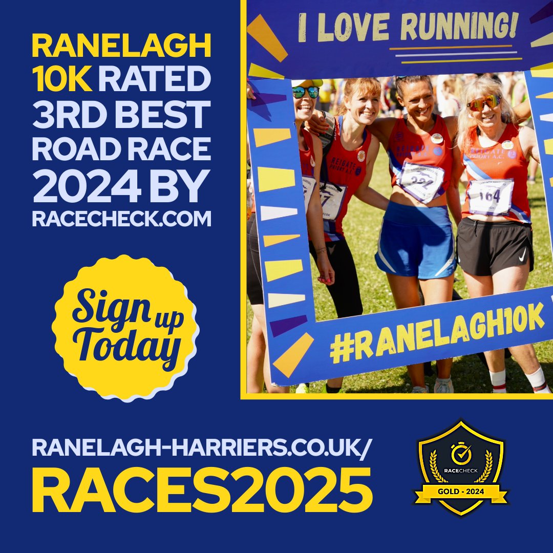 The #Ranelagh10k is back on Sun 22 June! 

In 2024, <a href="/racecheck/">racecheck.com</a> awarded us a gold award 💪🏼 and now we're working on a better event for 2025!

So whether you're chasing a PB, or lacing up for your first 10K, we're ready to welcome you.

ranelagh-harriers.co.uk/races2025 ⬅️