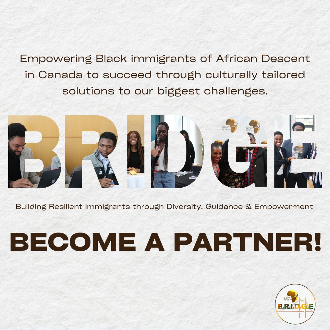 africanimpactin's tweet photo. The B.R.I.D.G.E Program is on a mission to empower Black immigrants in Canada by providing culturally tailored solutions to overcome challenges and achieve success. 💼✨
Excited to become a partner? Here's how: https://t.co/yTyv6kGD9c
#BRIDGEProgram #EmpowermentThroughAction https://t.co/eE3ISNvnfj
