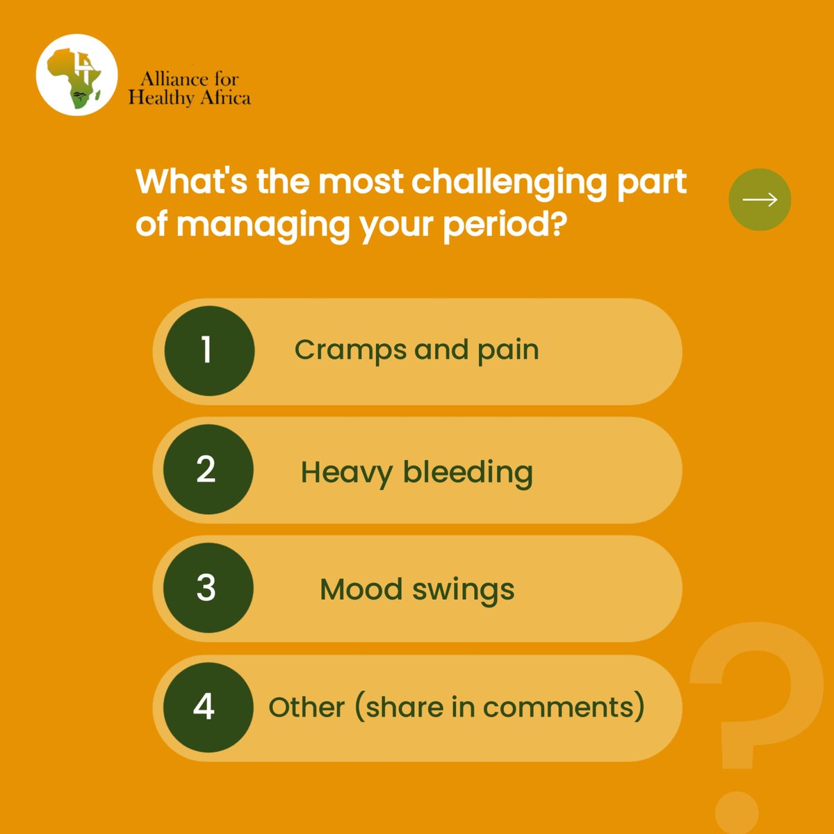 A4healthyafrica's tweet photo. As we keep shedding more light on menstrual health and hygiene , feel safe to share your Point of View with us on the questions below 👇🏽👇🏽 
#Menstrualhygiene
#A4HA https://t.co/XemnHf1VMO