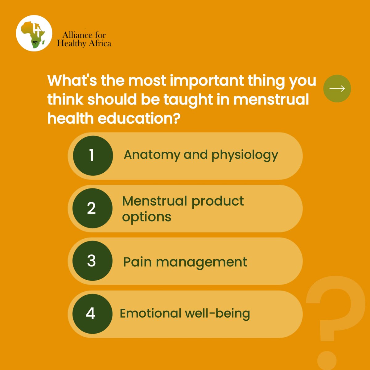 A4healthyafrica's tweet photo. As we keep shedding more light on menstrual health and hygiene , feel safe to share your Point of View with us on the questions below 👇🏽👇🏽 
#Menstrualhygiene
#A4HA https://t.co/XemnHf1VMO
