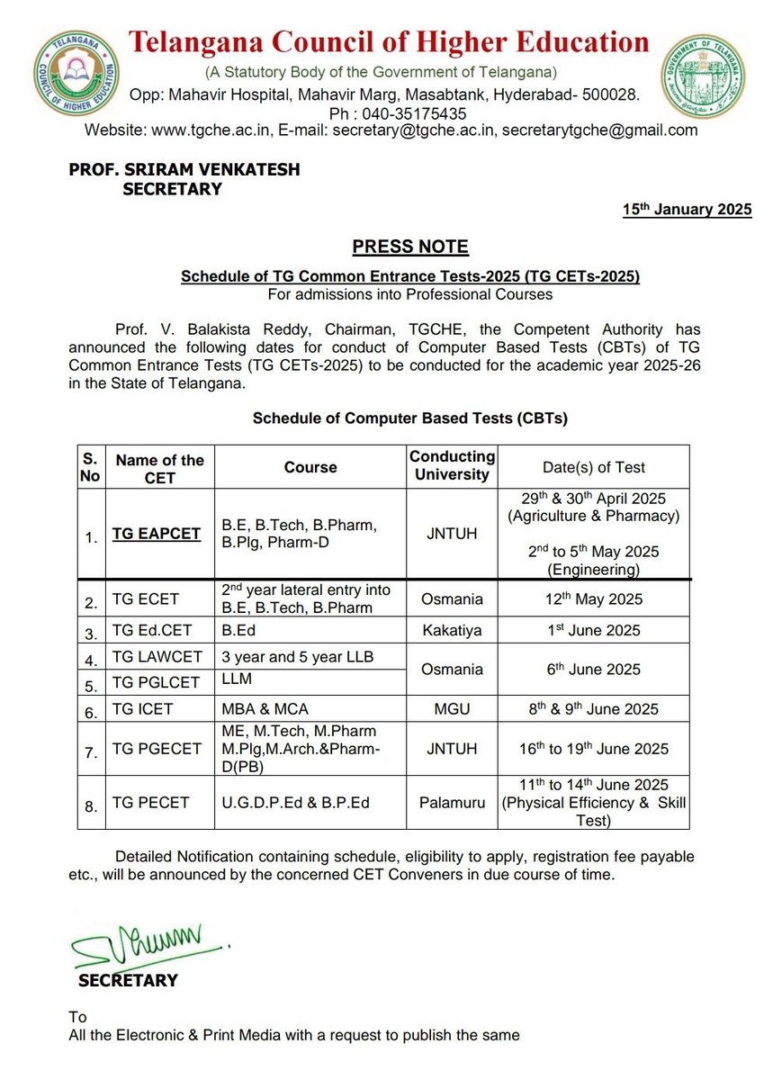 SriRenikunta's tweet photo. Schedule for TG Common Entrance Tests-2025 released. #EAPCET to be conducted from April 29-30 (Agriculture) May 2-5 (Engineering)
#TGEAPCET #ECET #TGECET #TGICET #ICET #PGECET #Engineering #Telangana https://t.co/wjPBE0WO0b
