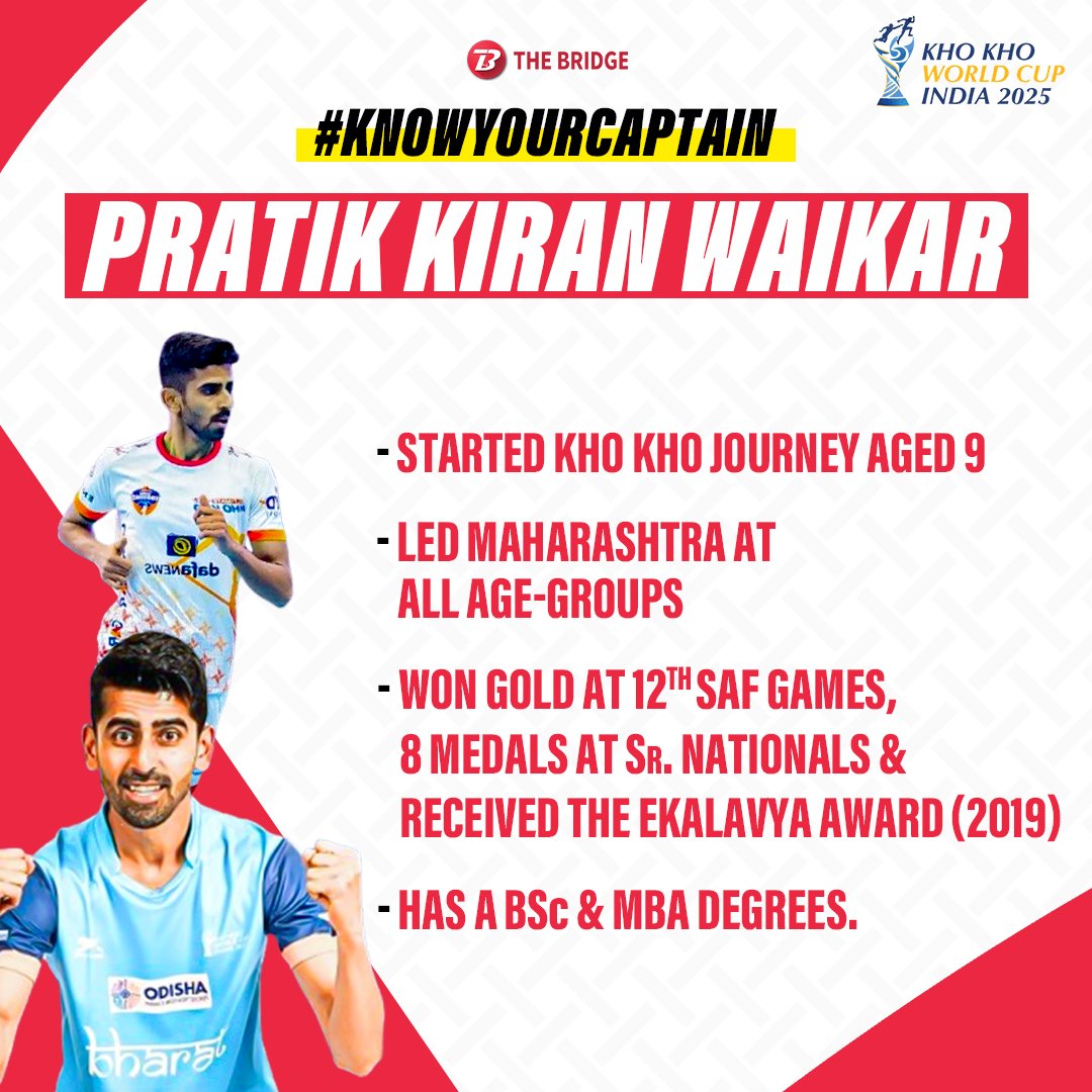the_bridge_in's tweet photo. #KnowYourCaptain | Leading the 🇮🇳Indian men's team at the ongoing #KhoKhoWorldCup is the indomitable Pratik Waikar! ✨
An all-rounder in the truest sense of the term, Pratik has excelled at every level, be it studies or his passion for Kho Kho, and is now on the cusp of creating history for his country.
#khokhoworldcup2025 #TeamIndia