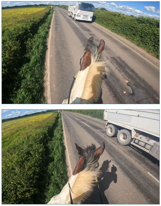 This HGV driver failed to adjust their speed as they past a horse &amp; its rider near Bagstone, South Glos, rider struggled to keep the spooked horse out of the hedge. Thanks to the riders #JourneyCam driver received 5 points &amp; £520 fine/costs (WDC) at Bath Mags Court. <a href="/BritishHorse/">The British Horse Society</a>