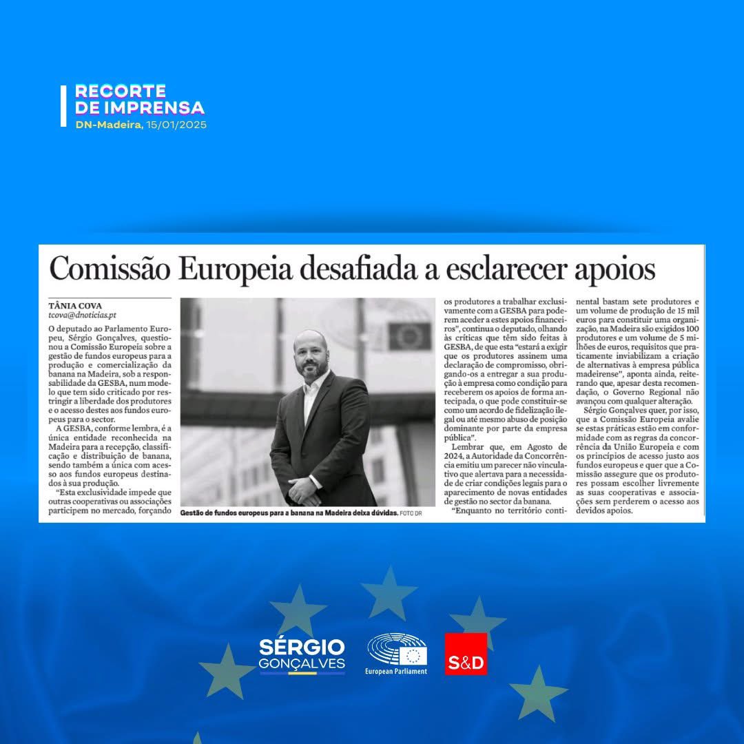 smsgoncalvespt's tweet photo. 📰Comissão Europeia questionada sobre a gestão de fundos europeus destinados à produção e comercialização de banana na Madeira.

Hoje, no @dnoticiaspt 

#EuropeanParliament #EU #UE #Madeira #socialistsanddemocrats #PS https://t.co/OLI9h6d6qJ