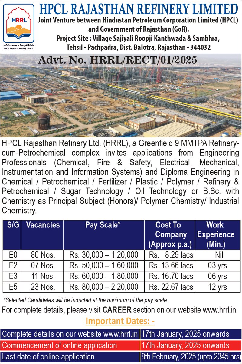 HRRL_Rajasthan's tweet photo. HPCL Rajasthan Refinery Ltd. is hiring passionate candidates for roles in Engineering Graduates, Diploma Engineering, and https://t.co/DKROZsawQ3. Graduates. Apply by February 8, 2025, on HRRL’s CAREERS page at https://t.co/fOwlHfxOvP.

#Join_Us #Join_HRRL
@HPCL
@RajGovOfficial https://t.co/gfpYbcsMKk
