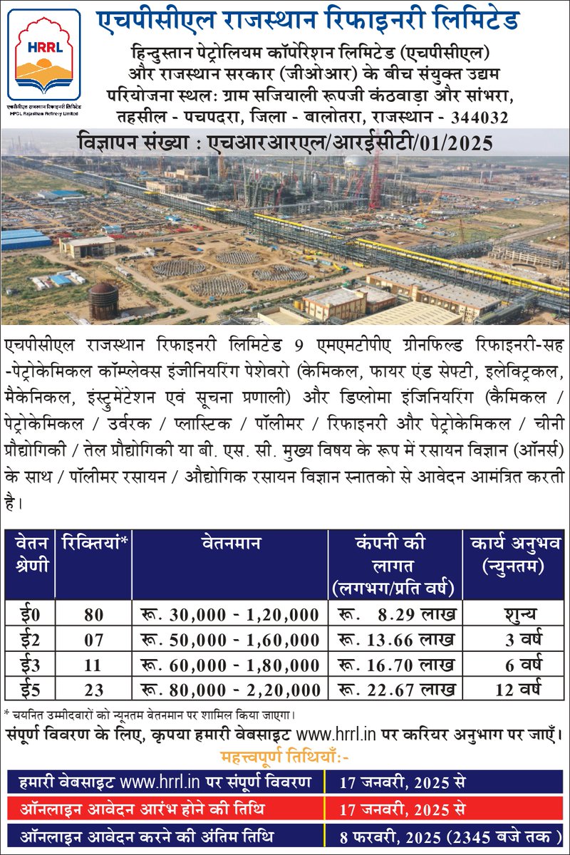 HRRL_Rajasthan's tweet photo. HPCL Rajasthan Refinery Ltd. is hiring passionate candidates for roles in Engineering Graduates, Diploma Engineering, and https://t.co/DKROZsawQ3. Graduates. Apply by February 8, 2025, on HRRL’s CAREERS page at https://t.co/fOwlHfxOvP.

#Join_Us #Join_HRRL
@HPCL
@RajGovOfficial https://t.co/gfpYbcsMKk