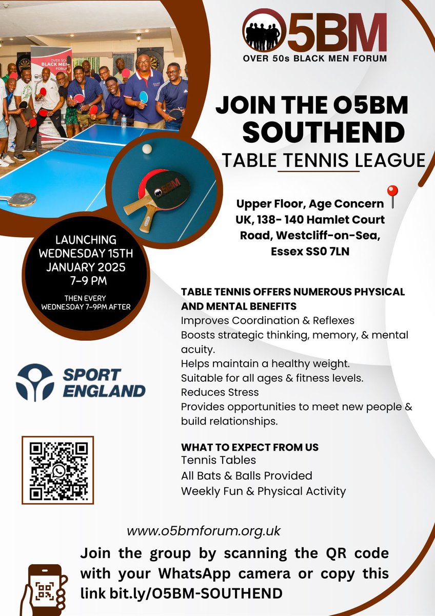 o5bmforum's tweet photo. Exciting News for Southend! 🎉

Join the O5BM Table Tennis League every Wednesday from 7-9pm, from 15th January 2025, at Age Concern UK in Westcliff-on-Sea. 🏓

Table tennis is more than a game – it’s a great way to stay active, reduce stress, and connect with others. https://t.co/3iwKVUzgyz