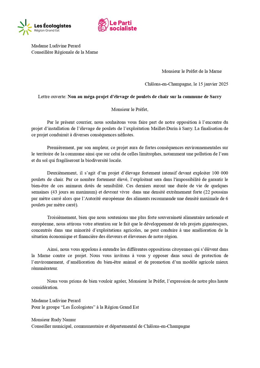 GrandEstEcolo's tweet photo. Ludivine Perard, élue de la #Marne, vient d'écrire au Préfet pour lui demander de ne pas autoriser un projet de poulailler permettant l’élevage de 600 000 poulets à l’année.

Nous devons urgemment sortir de l'élevage industriel !

Sa lettre ouverte👇 https://t.co/xmArBYWBjD