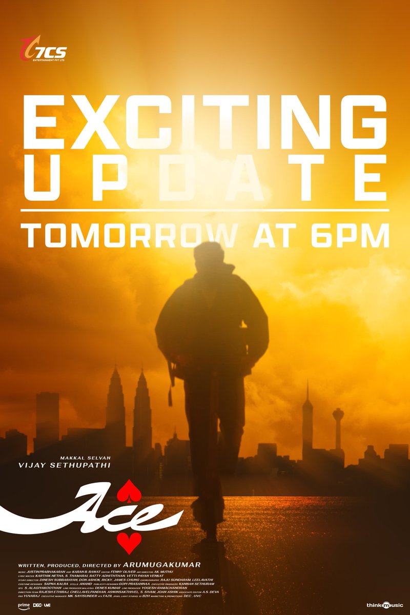 The Boss Day 😎! Get ready for An #ACE -worthy update💥 From Tomorrow 6PM.

<a href="/VijaySethuOffl/">VijaySethupathi</a> <a href="/rukminitweets/">rukmini</a>
<a href="/7CsPvtPte/">7Cs Entertaintment</a> <a href="/Aaru_Dir/">Arumugakumar</a> <a href="/justin_tunes/">Justin Prabhakaran</a> <a href="/iYogiBabu/">Yogi Babu</a> #KaranBRawat #Avinashbs <a href="/rajNKPK/">Rajkumar Actor</a> <a href="/DivyaPillaioffl/">Pillai Divya</a> <a href="/Denes_Astro/">Denes Kumar</a> 
<a href="/yogeshdir/">Yogesh Ramachandran</a> <a href="/thinkmusicindia/">Think Music</a> <a href="/sathishoffl/">K Sathish</a> <a href="/decoffl/">DEC</a> <a href="/proyuvraaj/">Yuvraaj</a>