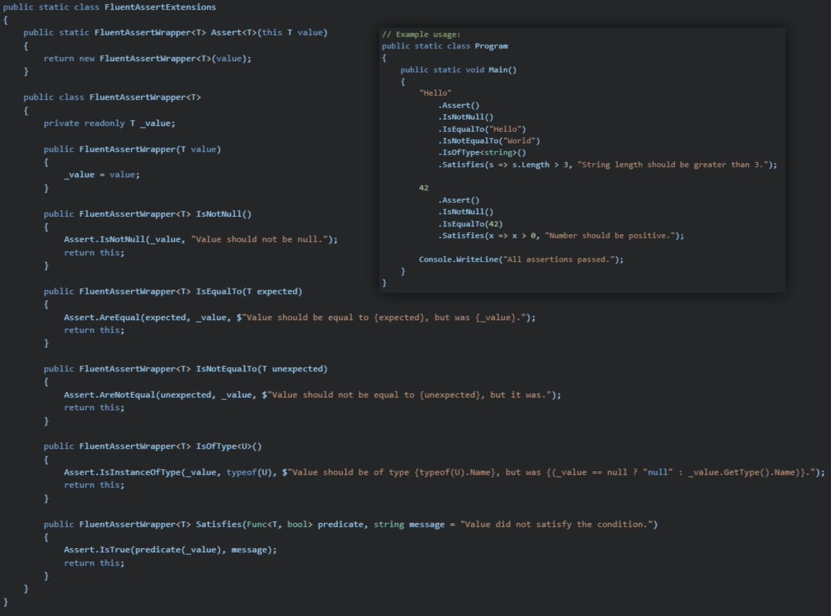 It takes 20 seconds and ChatGPT to create a nice basic replacement for the most important api of FluentAssertion

&gt; create a fluent testing class api for the most important stuff so I can verify my tests like "Hello".Assert().IsNotNull()