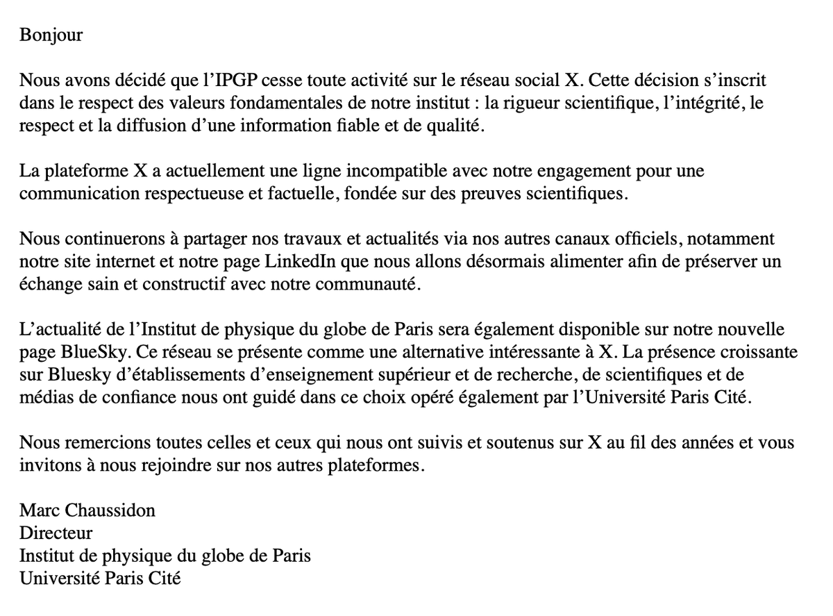 L’IPGP cesse toute activité sur le réseau social X. 
Cela s’inscrit dans le respect des valeurs fondamentales de notre institut : la rigueur scientifique, l’intégrité, le respect et la diffusion d’une information fiable et de qualité.

Plus d'infos : ipgp.fr/actus-et-agend…