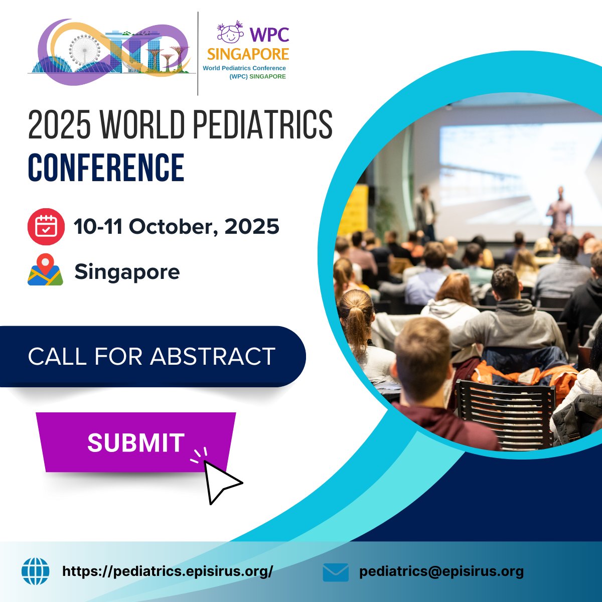 World_Pediameet's tweet photo. Call for Abstracts!
Submit your research at the 2025WPC in Singapore, on October 10-11, 2025.Submit now: https://t.co/YfCzQ9IDvM
#2025WPC #PediatricsConference #CallForAbstracts #GlobalHealth #MedicalResearch #Pediatrics #SingaporeConference #AcademicExcellence https://t.co/aVQeOJyNMW