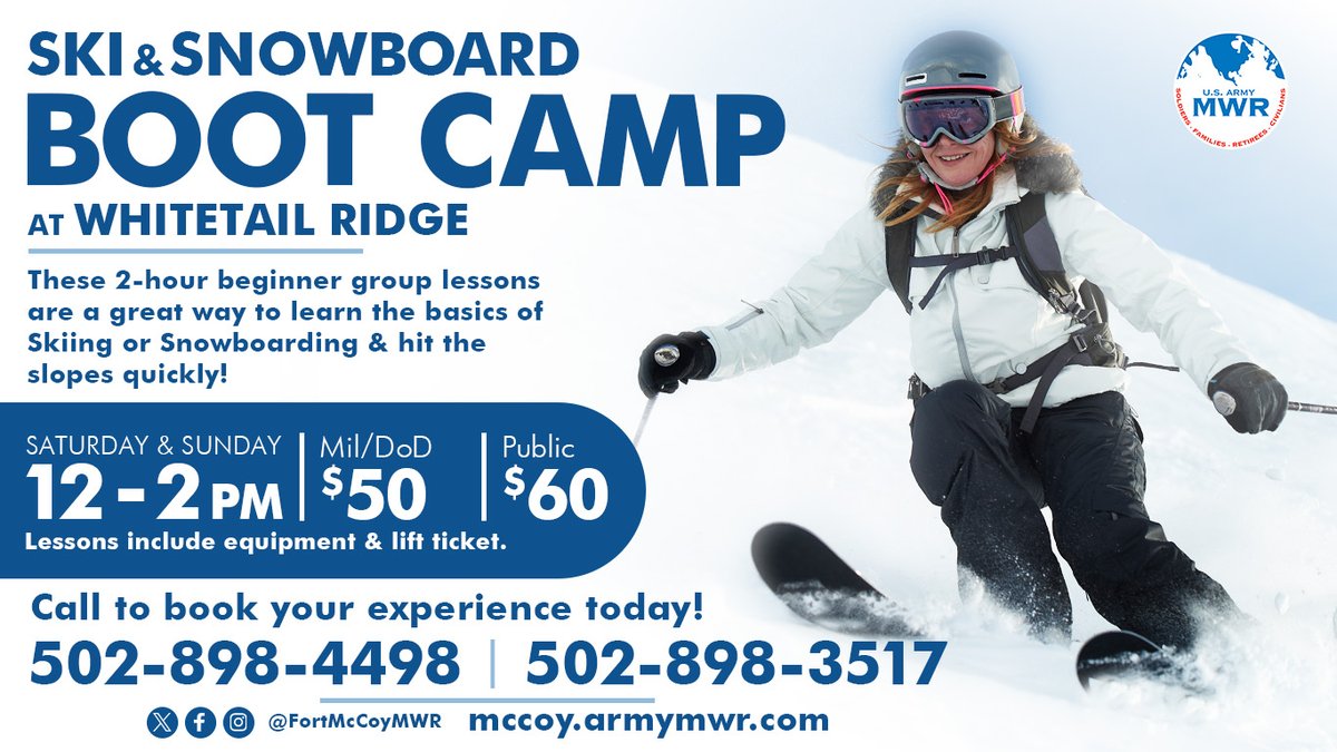 FortMcCoyMWR's tweet image. Learn to ski or snowboard with Boot Camp Group Lessons on Saturday &amp;amp; Sunday from noon to 2 pm at Whitetail Ridge. Call to book your experience today! #WhitetailRidge #BootCampLessons @181MFTB @88RDBlueDevils @86thD @USAGMcCoy @FtMcCoyCPAC