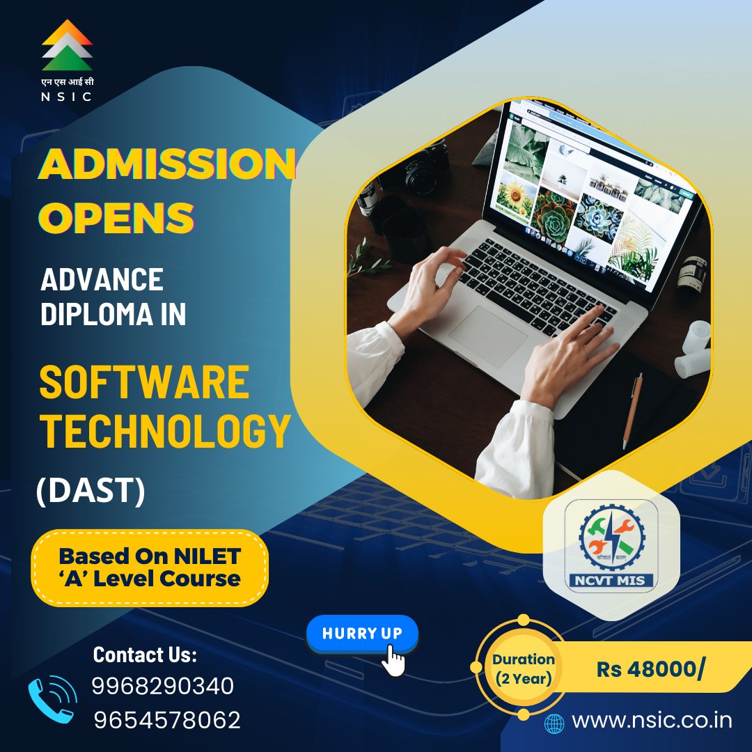 nsic_okhla's tweet image. Announcing admission open for advance diploma in software technology (DAST) based on NIELIT 'A' Level course.
For more information on the course contact - 9654578062 / 9968290340 or DM us
#ComputingCourse #learnsoftwareskill #ITIndustry #AdmissionOpen #GovtofIndia #nsic