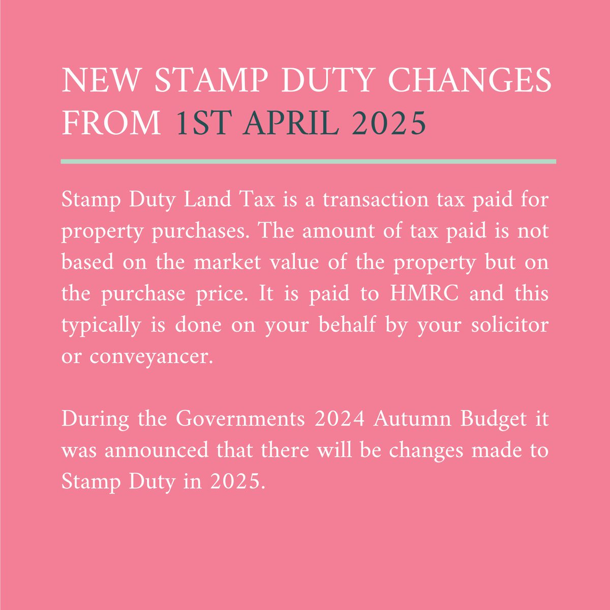 Big news! From April 1st, 2025, stamp duty changes are coming, making property purchases more expensive. If you're planning to buy, act now before the changes take effect.

Discover the new rates through our guide on our website today 👉 bit.ly/4fOIDwb