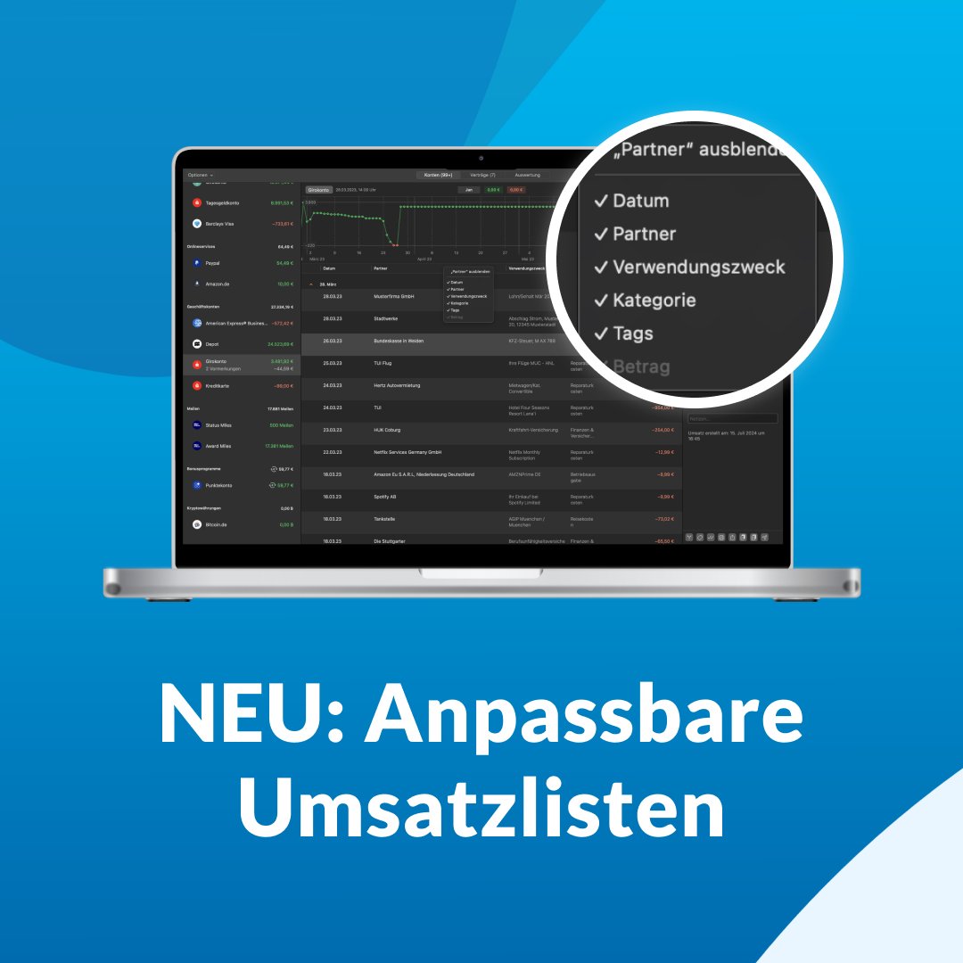 💻 NEU in der macOS-Version von Outbank: Ab Version 3.17.1 kannst du die Spalten deiner Umsatzlisten individuell anpassen. So behältst du den Überblick über die Details, die für dich wichtig sind. 
👉help.outbankapp.com/de/kb/articles…
#OutbankApp #macOS #finanzapp