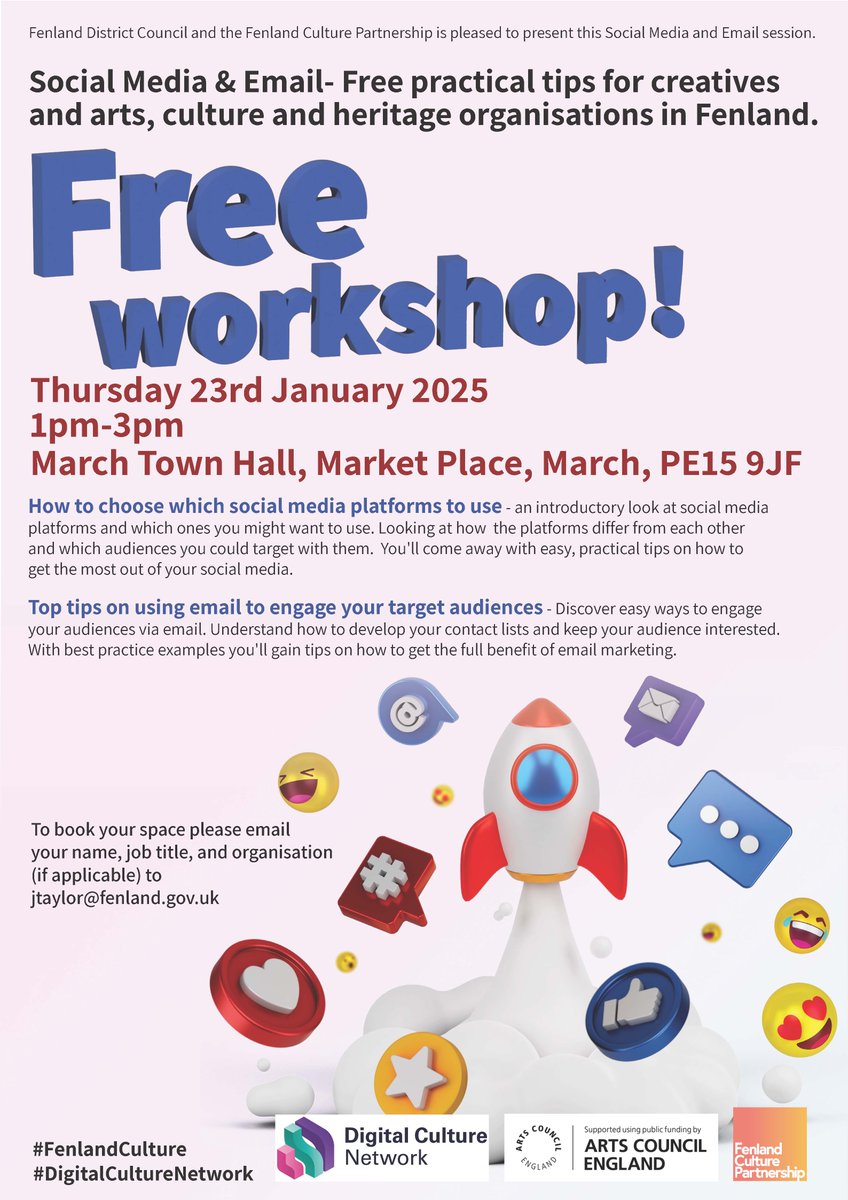 Fenland Council (@fenlandcouncil) on Twitter photo 📣 Creatives and arts/culture organisations! Want tips on using social media/email to engage your audiences?
Don't miss this FREE workshop! Hosted by the #FenlandCulture Partnership, with
<a href="/ace_dcn/">Digital Culture Network</a>.
📅 23 Jan, 1pm-3pm
📍 March Town Hall
👉 To book, email jtaylor@fenland.gov.uk 📣 Creatives and arts/culture organisations! Want tips on using social media/email to engage your audiences?
Don't miss this FREE workshop! Hosted by the #FenlandCulture Partnership, with
<a href="/ace_dcn/">Digital Culture Network</a>.
📅 23 Jan, 1pm-3pm
📍 March Town Hall
👉 To book, email jtaylor@fenland.gov.uk