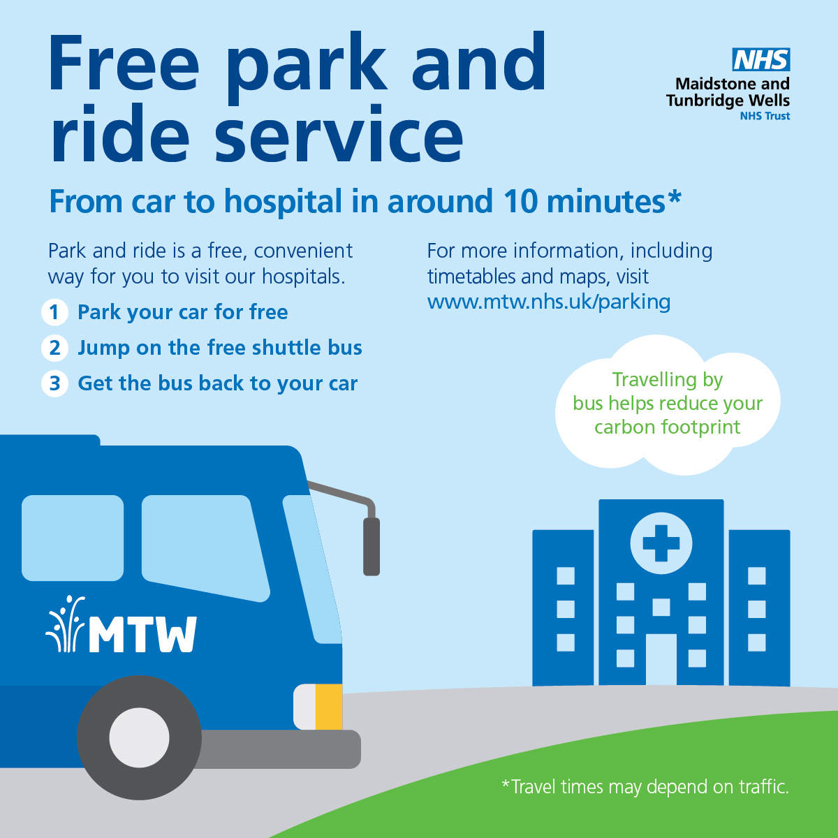 Our park and ride service is a more sustainable way to visit Maidstone and Tunbridge Wells hospitals.

✅ Park in one of the free car parks
✅ Get the free shuttle bus
✅ Catch the bus back to your car.

More information, including timetables and maps:  ow.ly/3Qye50UGKaZ