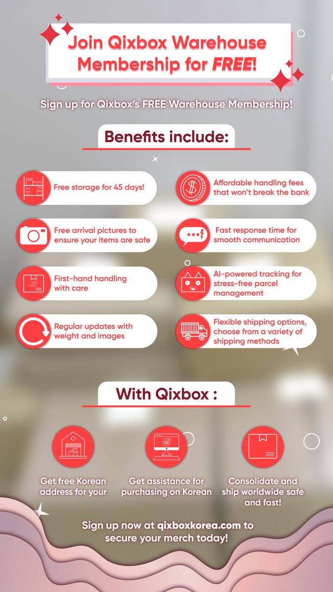 qixbox's tweet photo. ✨ Ready to shop from Korea, no matter where you are? 

🌏Join Qixbox Warehouse for FREE and get 2,000 points on your first sign-up! 

💌Join now at https://t.co/G2F3C8hVII and start your Korean shopping spree today! 

#KoreanGoods #QixboxKorea #GlobalShipping #FreeSignup https://t.co/RXrA5r1cb2