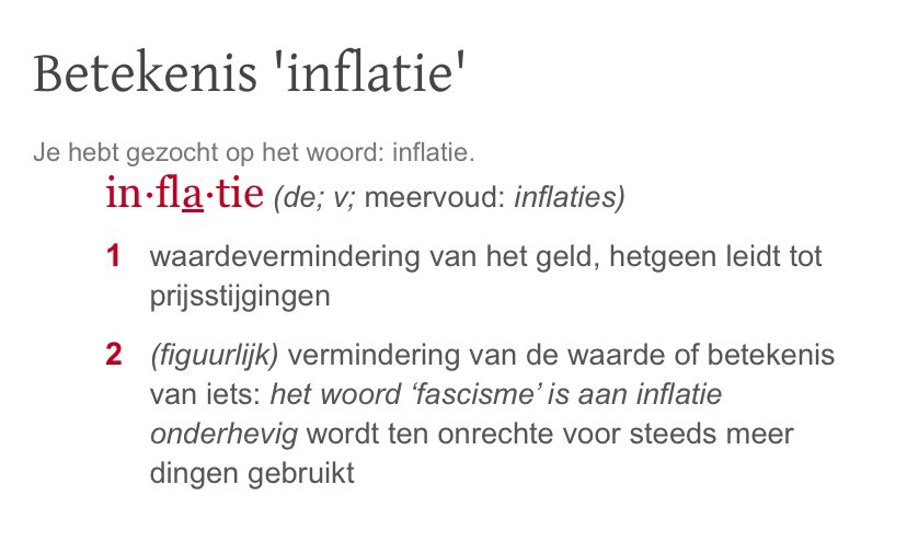 Nogmaals voor de duidelijkheid

Inflatie is geldontwaarding (vergroting totale geldhoeveelheid, oorzaak) 
Wat leidt tot prijsstijgingen (CPI, gevolg)

Dit wordt echter in de volksmond allemaal op één hoop gegooid. En bewust misleidend gedefinieerd door de baat hebbende instanties