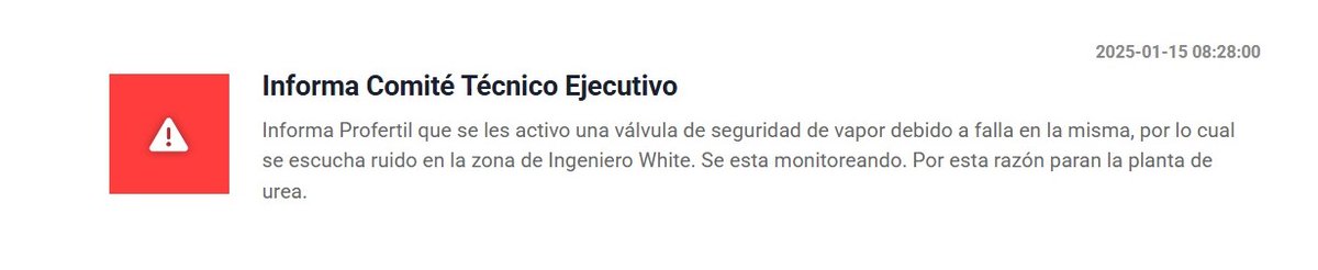 gabybermudez's tweet photo. Ahora: alerta rojo en #BahíaBlanca por apertura de una válvula de seguridad en #Profertil Paran el complejo de urea y amoníaco en Ingeniero White #Calidaddelaire Vía CTE y @ambientepba #ruido #olor #humos https://t.co/N6fO3Lhq2I