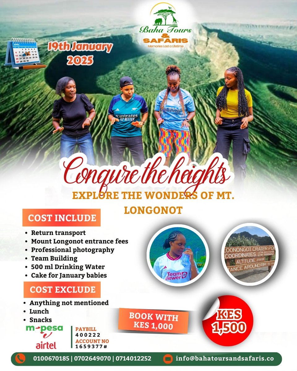 Bahatours31's tweet photo. Book and reserve your tickets for Longonot. Let's go hike Sunday 16th January. 
To book: Dm or Call 0702648070/ 0100670185
https://t.co/6x8ym54gk6

#mountlongonot #hiking #WeekendVibes #bahatoursandsafaris https://t.co/FaXOEMyJWA